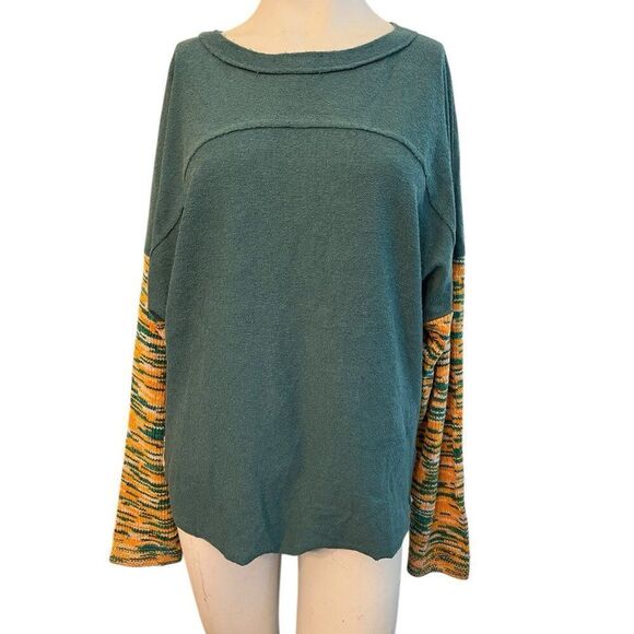 Umgee Tops - Ladies Small Yellow Green Top Exposed Seams Mixed Media Oversized Blouse NWT